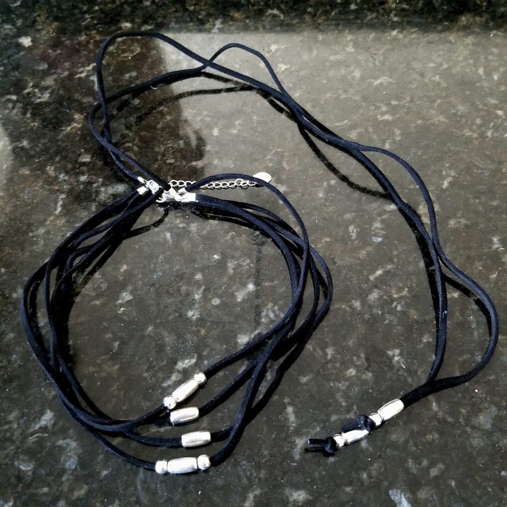 Black Choker Necklace with Silver Beads and Tie